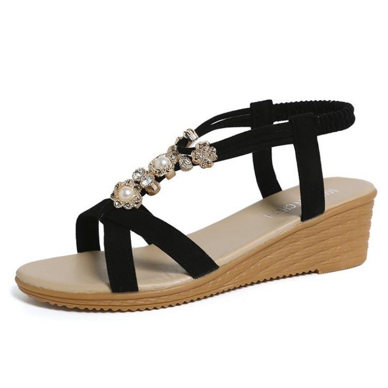 Bohemian Wedge Sandals Summer New Beaded Open-toed Sweet Student Beach Shoes Women