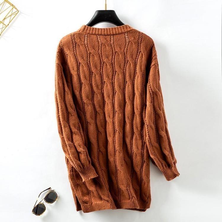 Vintage Autumn Winter Solid Color Loose V-Neck Long Sleeve Cardigan Sweater Knitwear