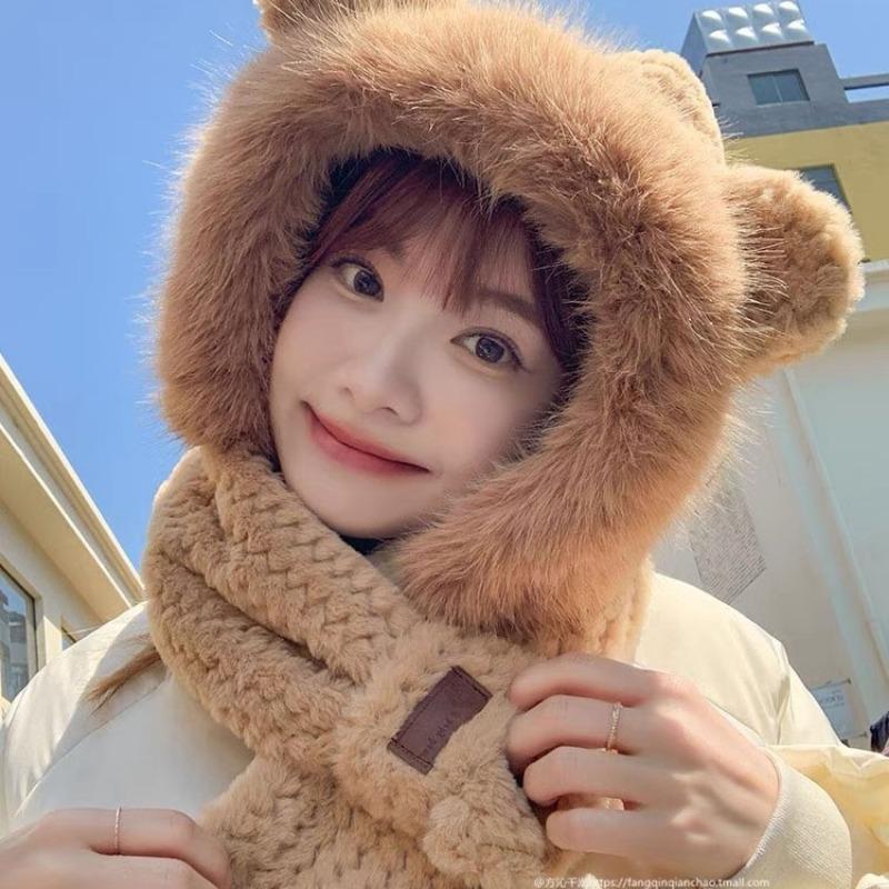 Hat and Scarf Integrated Women's Autumn and Winter Warm Hat Adult Cycling Cold-proof Warm Fleece Ear Hat Winter Hat