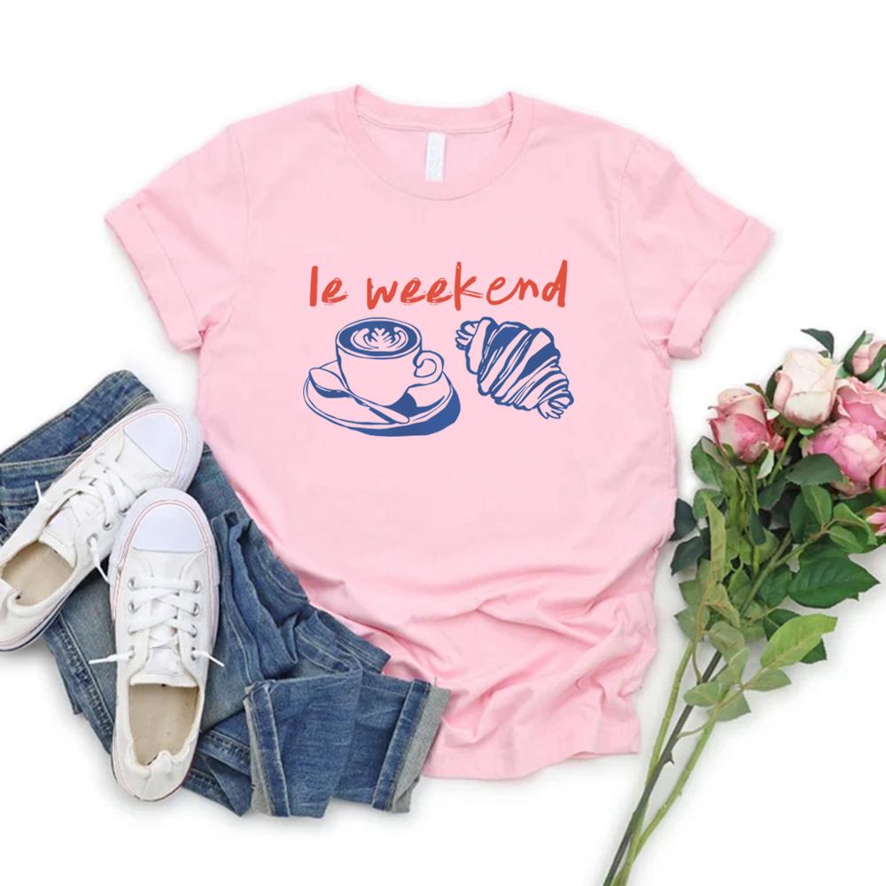 Weekend T-Shirt Coffee Tshirt Croissant Shirt Retro Graphic Tee Casual Short Sleeve Women's T-shirts Vintage Aesthetic Clothes