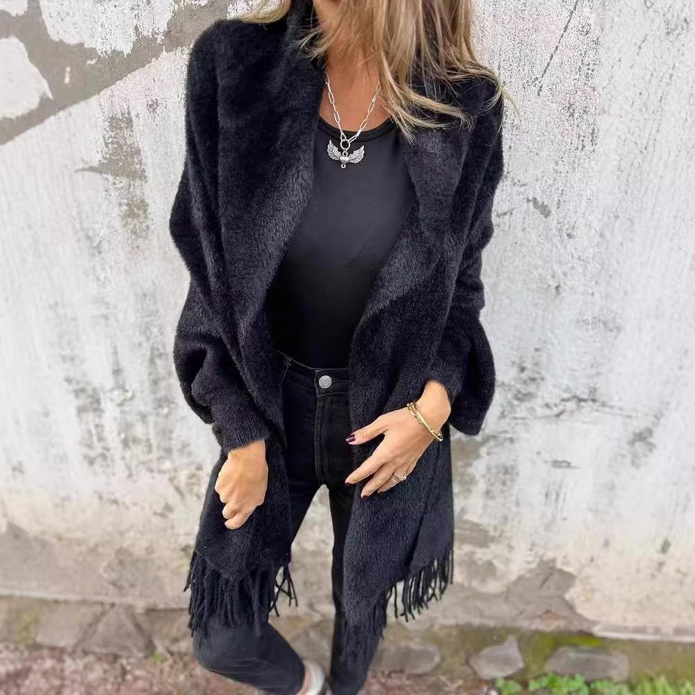 2025 Women's Casual Plush Knit Tassel Shawl Coat