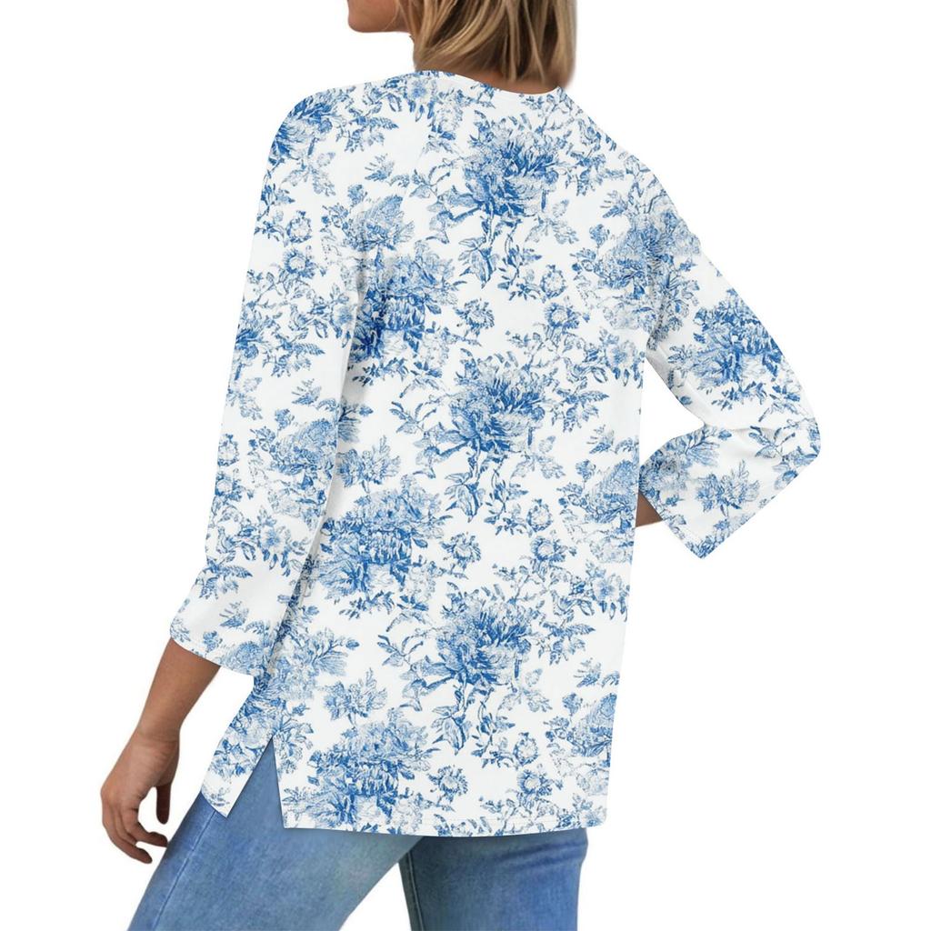 Damska Codzienna Modna V-dekolt Luźna Wszechstronna Kwiatowy Wzór Rękawy Trzyczwarte