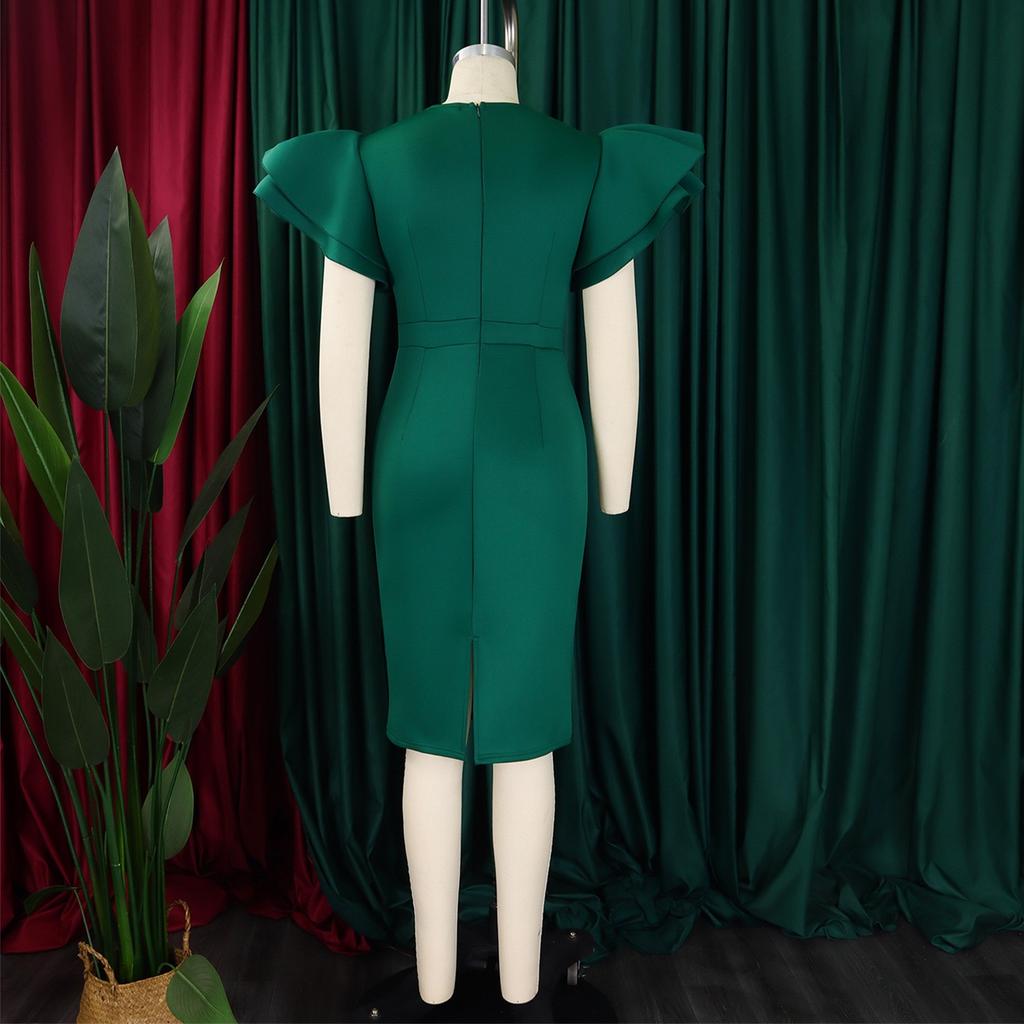 Women O Neck Dresses Ruffles Sleeve Diamond Plus Size Elegant Bodycon Package Hips Dress 2026