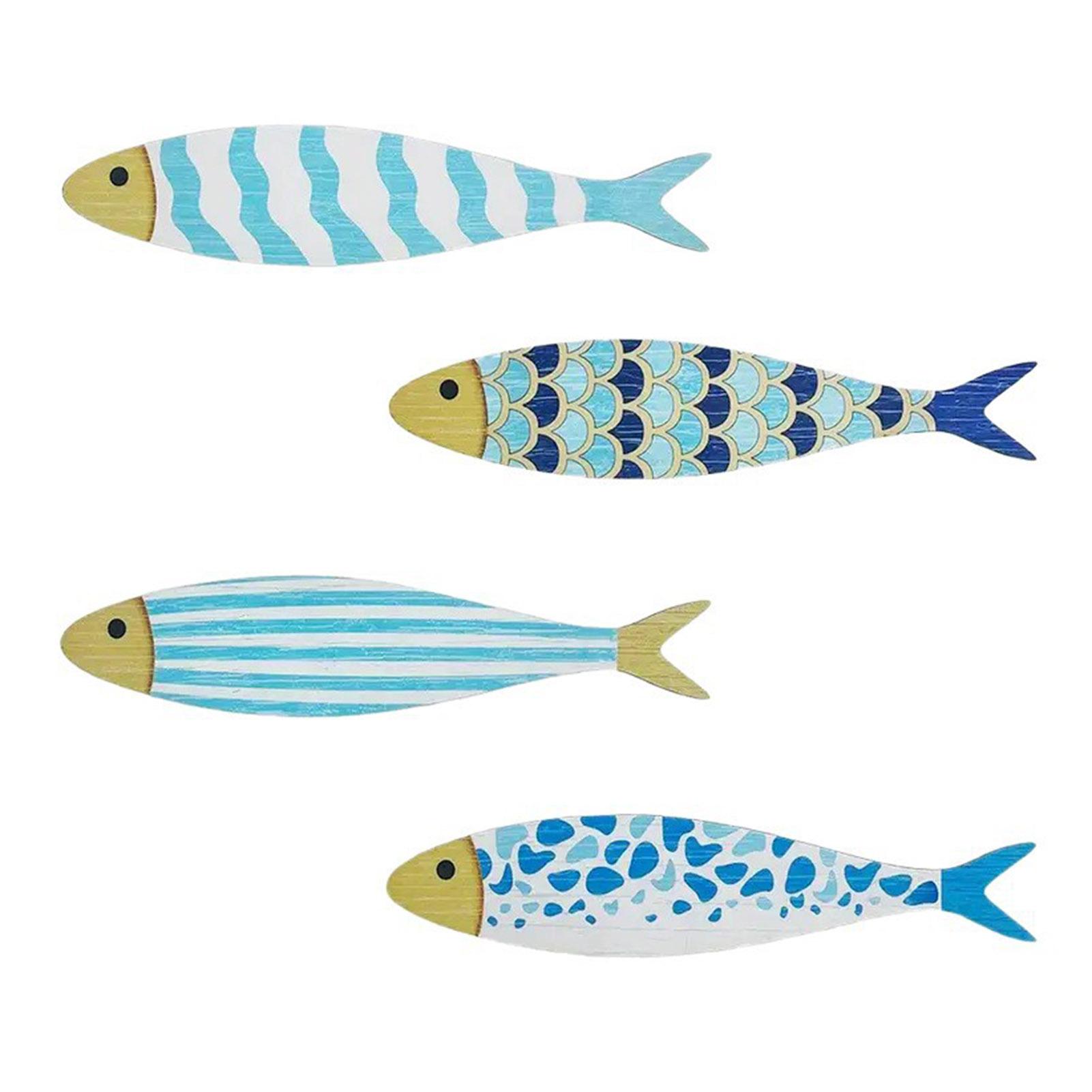 4Pcs/Set Wall Fish Decorations Coastal Wall Art Wooden Fish Retro Rustic Fish Wall Ornaments for Home Bedroom Beach House Decor