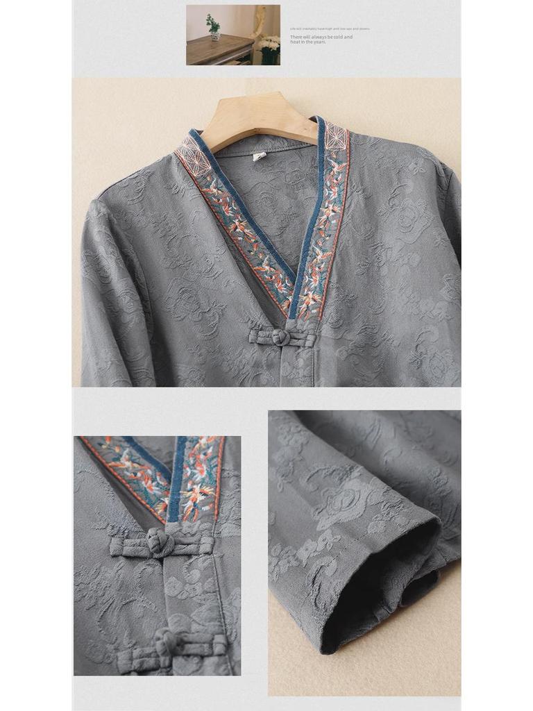 Damen Retro Chinesisch Besticktes Baumwoll-Leinen Langarm Hanfu Hemd