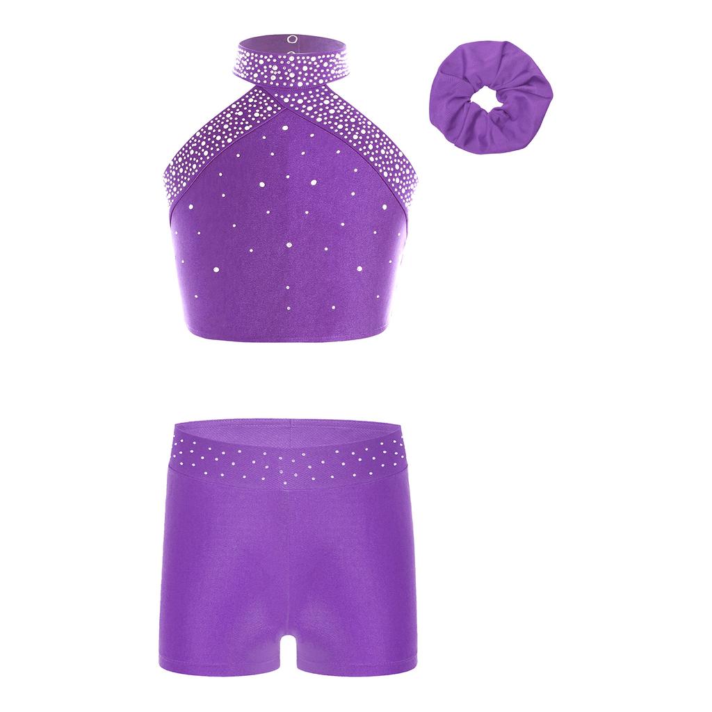 Mädchen Eiskunstlauf Kostüm Neckholder Ärmellos Rückenfrei Weste Strass Shorts Haarreif