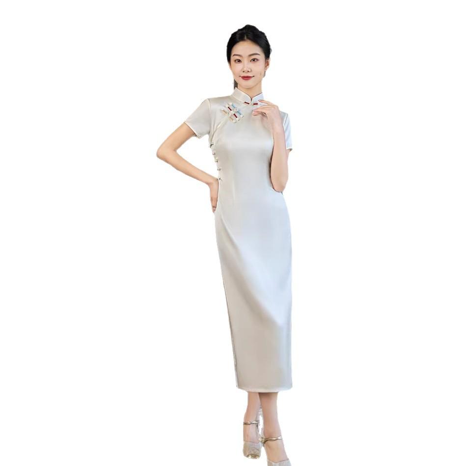 New Chinese style improved temperament cheongsam 1011 new summer young girl beige retro style high sense
