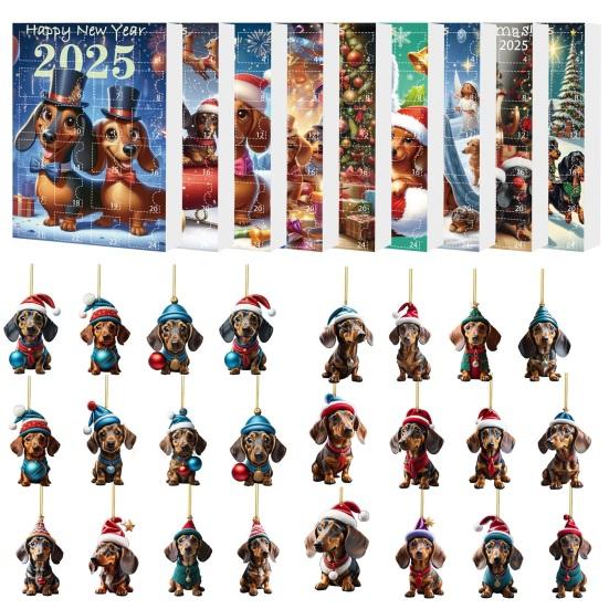 Vánoční adventní kalendář Jezevčík 2025 Odpočítávání 24 dní do Vánoc Dekorace Sběratelská 2D akrylová závěsná sada s přívěsky psa na domácí dekoraci