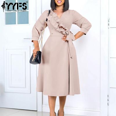 Women's Fashion Spring Fall Solid Color Print 3/4 Sleeves V-Neck High Waist Casual Dresses