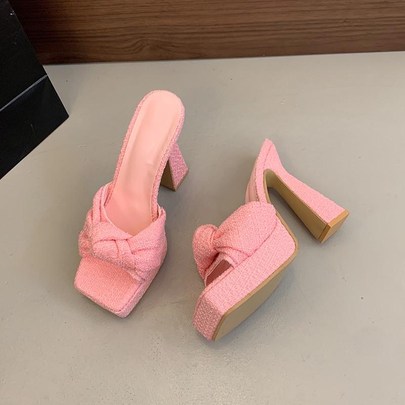Fashion 2025 New Stylish Bow Knot Super High Heel Slippers Women Chic Thick Sole Square Toe Sandals Ladies Party Slip On Platform