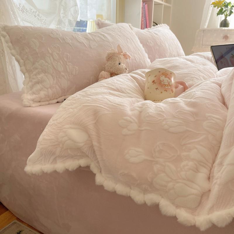 2026 Korean Winter Milk Fleece Bedding Set High Weight Warm Thick Ruffled Trim 4-Piece