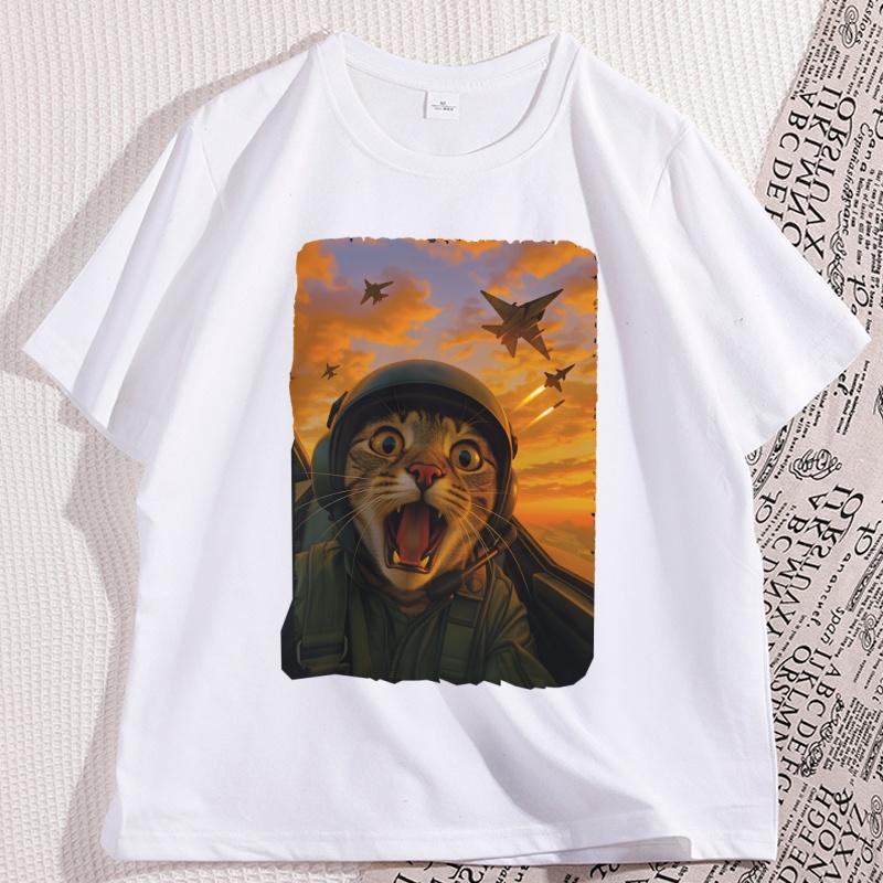 Cat Fighter Pilot T Shirt Funny Cat Selfie Meme Tee Shirt Jet Fighter Cat Tshirt Humor Cotton Short Sleeve Round Neck Tees
