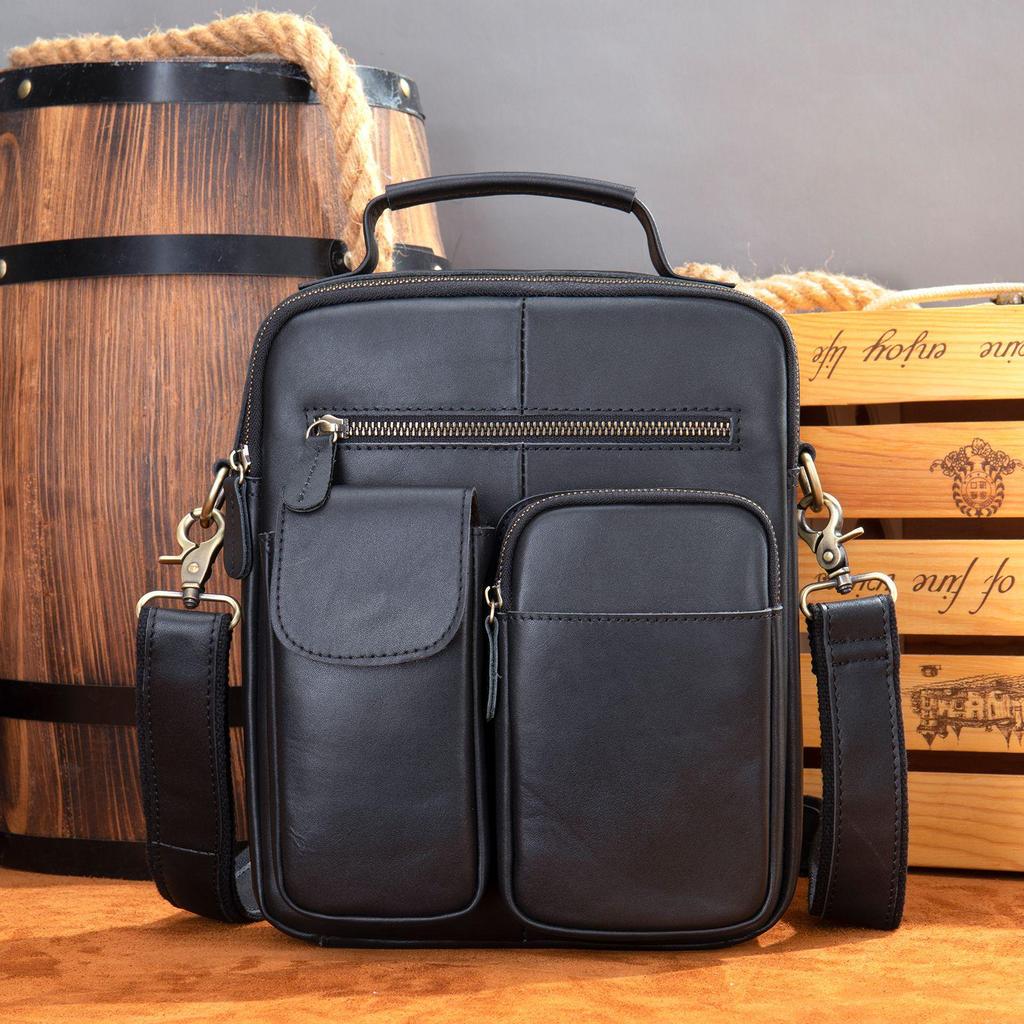 Men’s Genuine Leather Crossbody Messenger Bag - Top Layer Crazy Horse Cowhide, Large Capacity Shoulder Bag