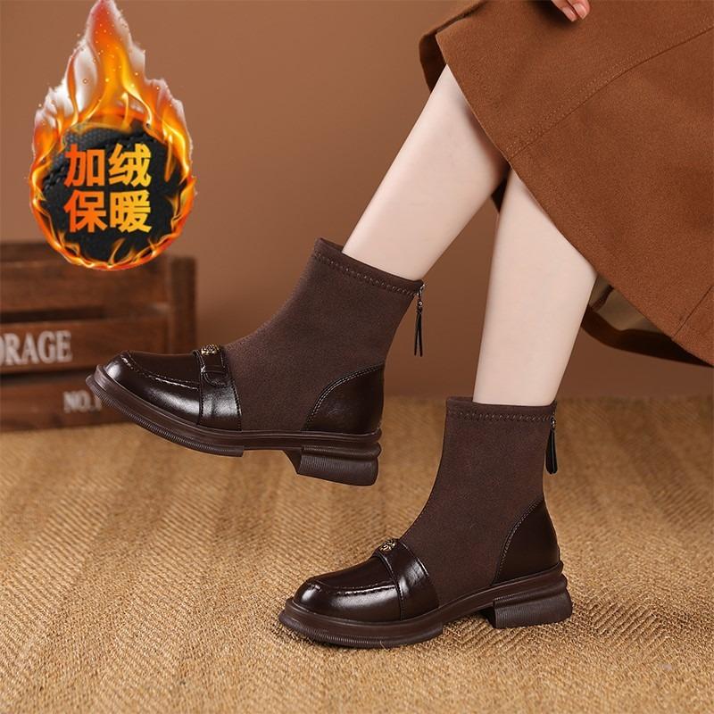 Skinny Boots Women's Spring and Autumn Single Boots Flat Short Boots Winter New Velvet Elastic Socks Boots Soft Leather Martin Boots