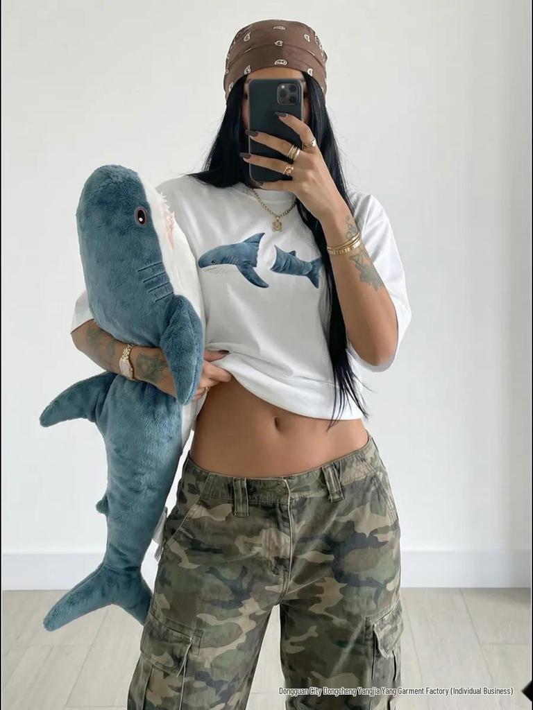 2026 Summer Women's European & American Style Versatile Shark T-Shirt - 100% Cotton Short Sleeve