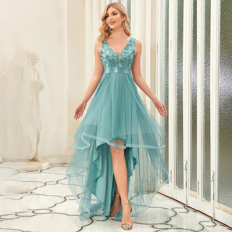 European Plus Size Sequin High-Low Evening Gown, Deep V Mesh New Year's Eve & Bridesmaid Dress 2026