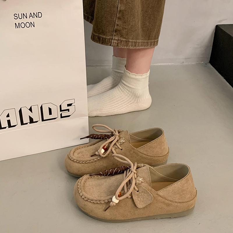 2025 autumn new flat-bottomed casual beanie shoes female kangaroo lace-up comfortable two wear suede loafers single shoes