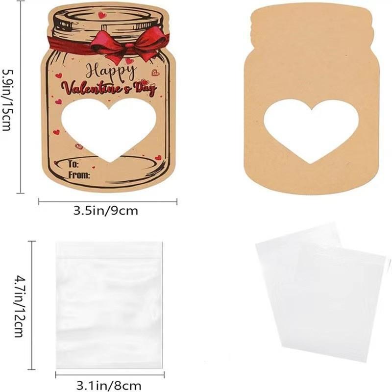 Kraft Candy Jar Valentines Day Cards Set Clear Sealed Bags Valentine Exchange Cards for Classroom Party Favors Greeting Card