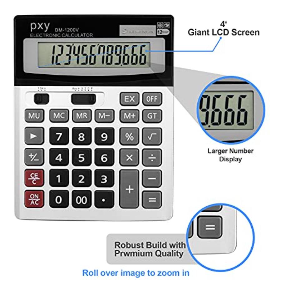 Desk Calculator With 12digit Extra Large Lcd Display And Touchsensitive Buttons For Enhanced Comfort Featuring Big Keys Dual Po