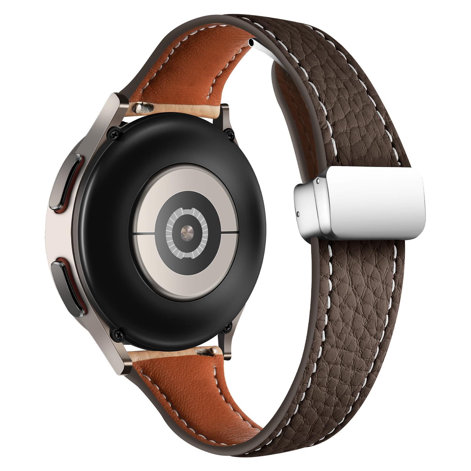 

For Samsung Galaxy Watch3 45mm/Watch 46mm Leather Band 22mm Litchi Texture Strap with Folding Buckle Dark Tan