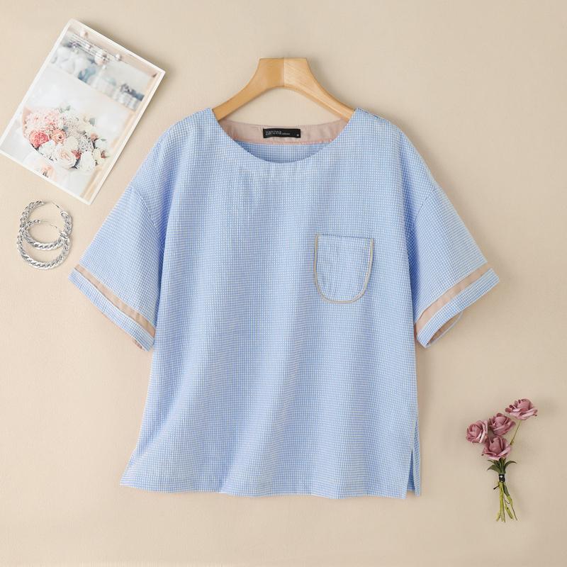 

ZANZEA Женская летняя блузка с круглым вырезом, повседневная, с принтом в клетку, с коротким рукавом M синий