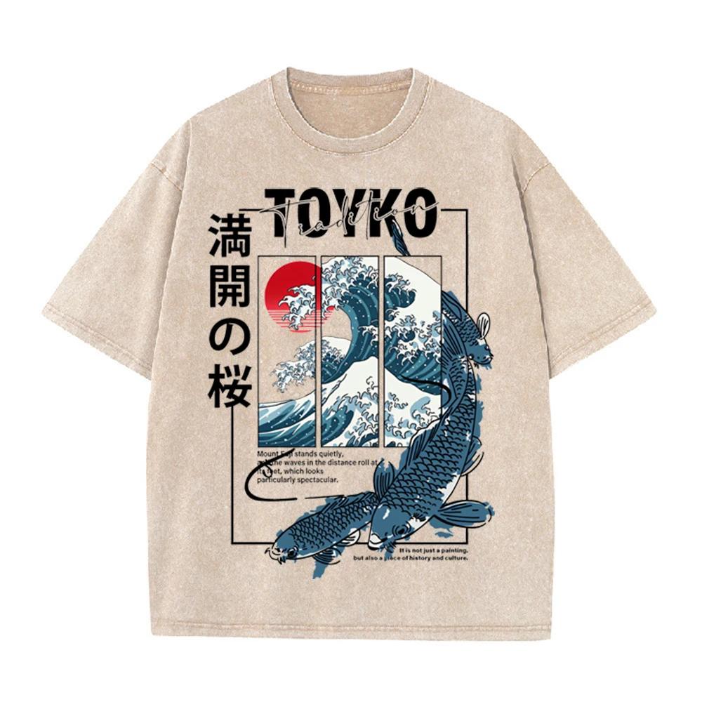 2026 Summer Men Japanese Trendy Graphic Print T Shirt 100 Percent Pure Cotton Loose Fit Soft Breathable All Match Daily Street H