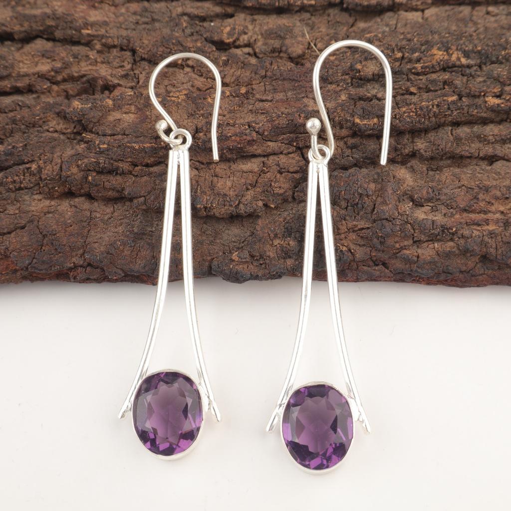 Oval Amethyst Gemstone Sterling Silver Trendy Dangling Engagement Boho Earrings EE-136-11