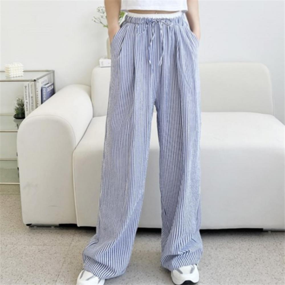 New Arrivals Open Run Women Seersucker Cotton Mix Wide Pants Color Block Stripe