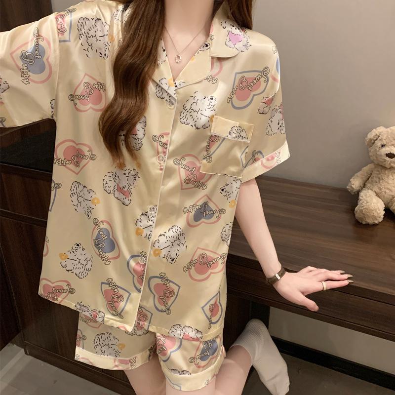 Summer Cute Cartoon Puppy Ice Silk Cool Pajamas Women'S Sweet Wind Short-Sleeved Casual Loungewear Set
