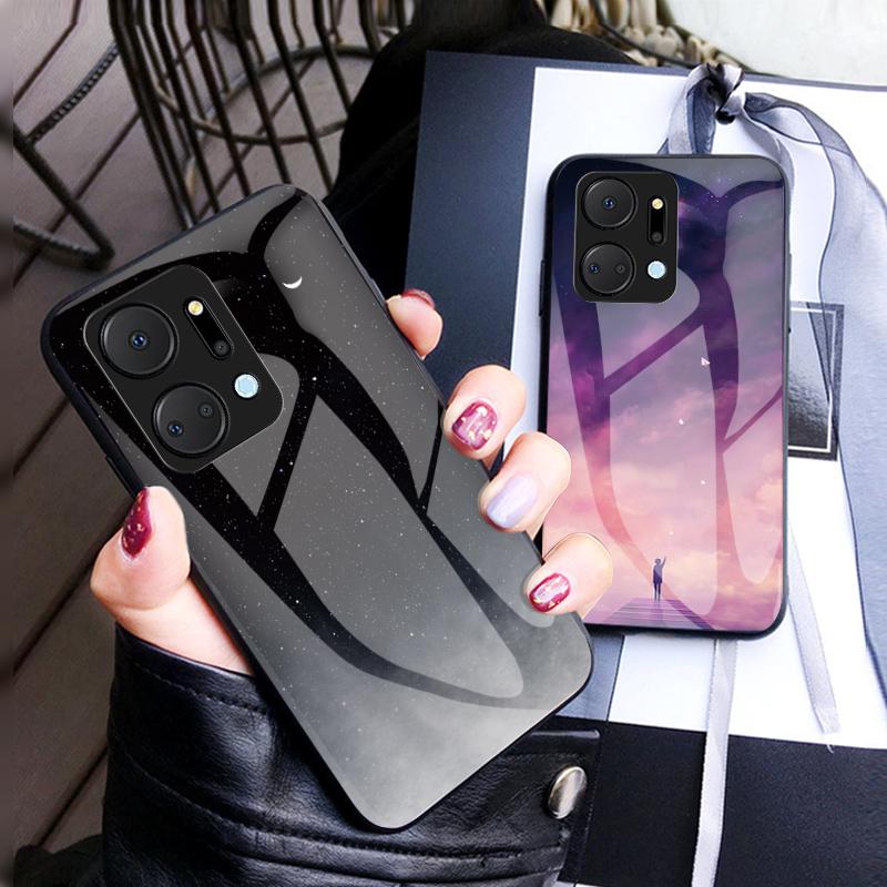 Mobile Phone Case for Honor X7a 5G,Starry Sky Pattern Tempered Glass+PC+TPU Smartphone Cover