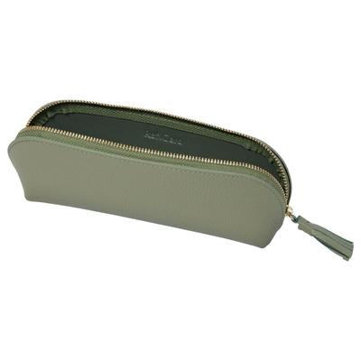 Soft Leather Pencil Case with Large Genuine [RafiCaro] Tassel, Capacity, Compact, Leather, Round, Cute, Simple, Two-Tone, Olive/Green