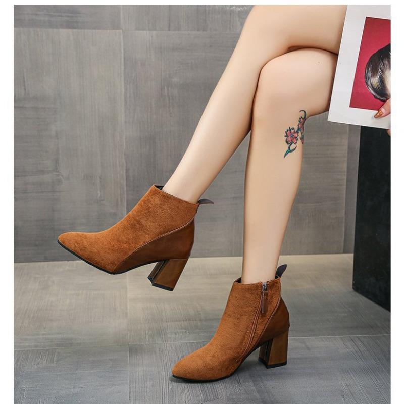 Women's Square Suede Short Boots New British Style Thick-heeled Boots Back Zipper Boots