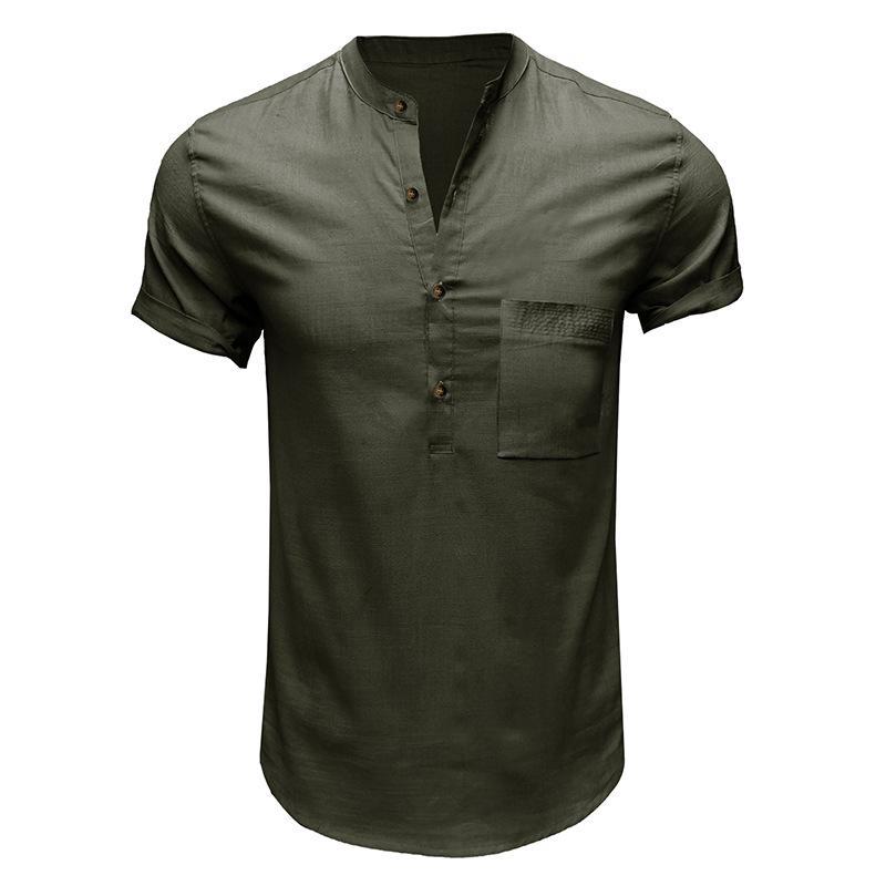 Men's Cross-Border Henley Shirt: European & American Style Cotton Linen Short-Sleeved Solid Color Pocket Shirt