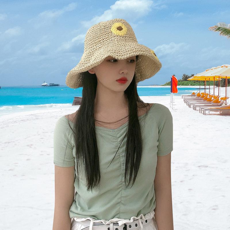 

Hat female hand knitted sunflower sun hat sunscreen basin hat travel shade bucket hat straw hat parent-child Adult (56-58cm) хакі