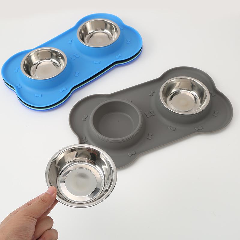 Bone-Shaped Non-Slip Silicone & Stainless Steel Dog Feeding Bowl - Food Grade, Anti-Spill Double Bowl for Pets
