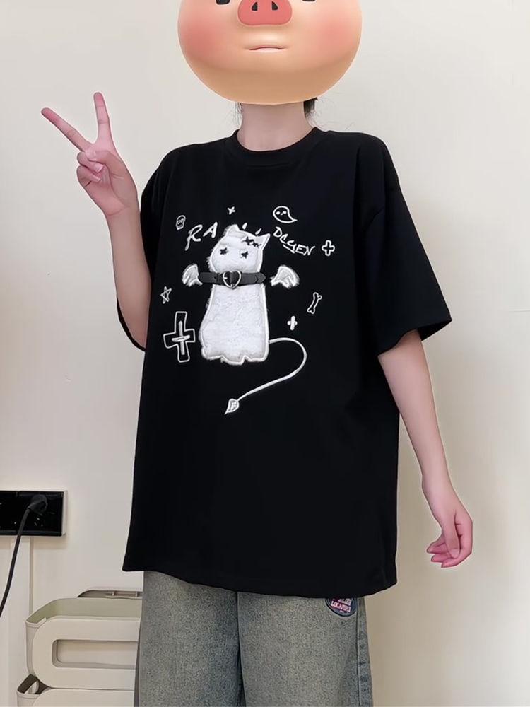 2025 Summer Girlish Kitten Print Loose Cotton Short Sleeve Women's T-shirt