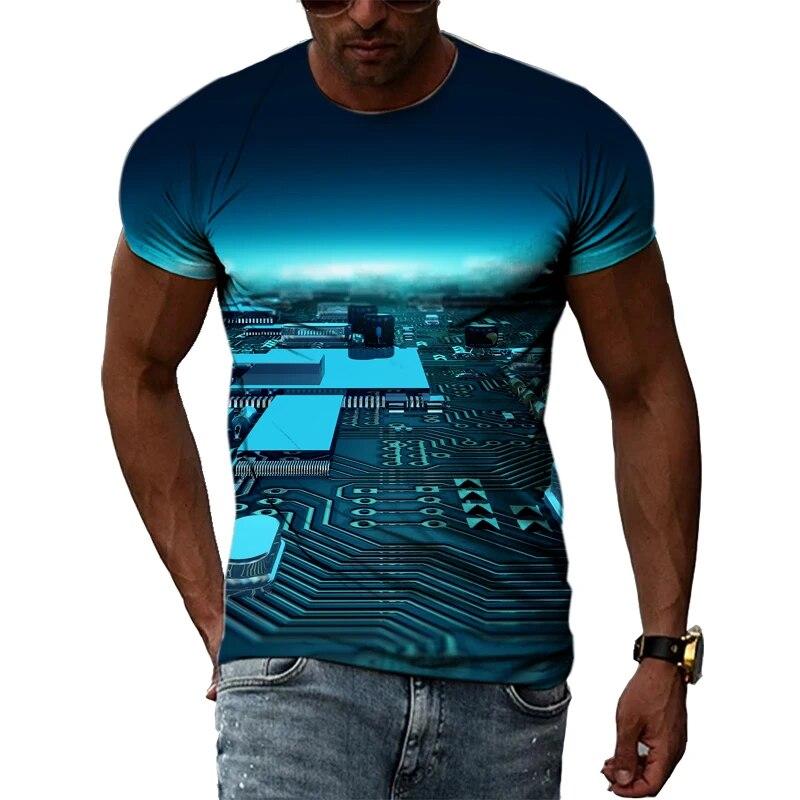 Handsome Men's Technology Element Pattern 3D T-Shirt Hip-Hop Style Casual Round Neck Tops Trendy Street Personality Clothing
