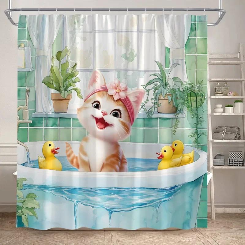 Lustige Badende Dinosaurier Duschvorhänge Schwarze Katze Tiersilhouette Kinder Badevorhang Modernes Polyester Badezimmerdekor mit Haken