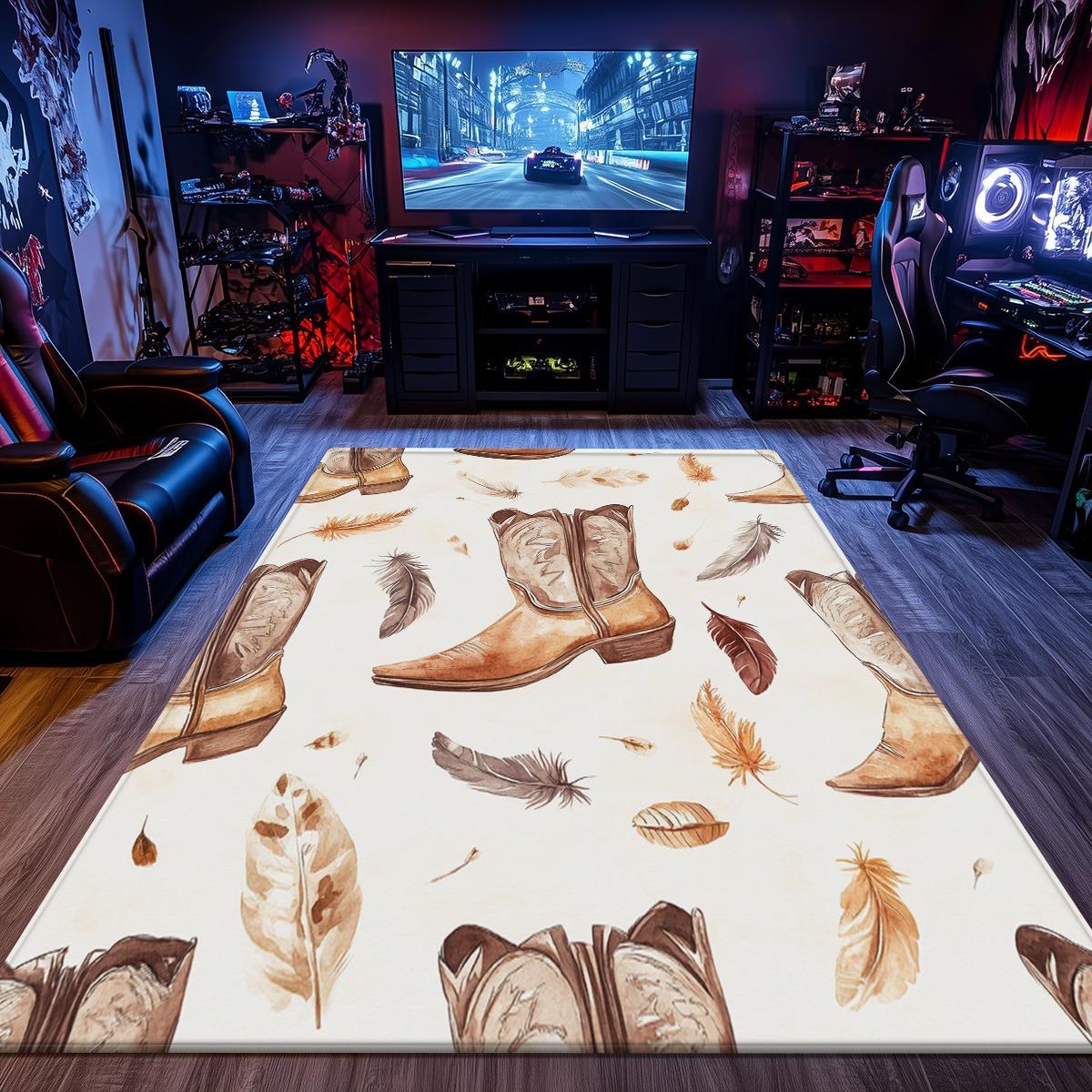 

Cowboy boots feather pattern crystal velvet rug western style living room floordecoration rustic home decor soft anti slipcarpet 50x80cm