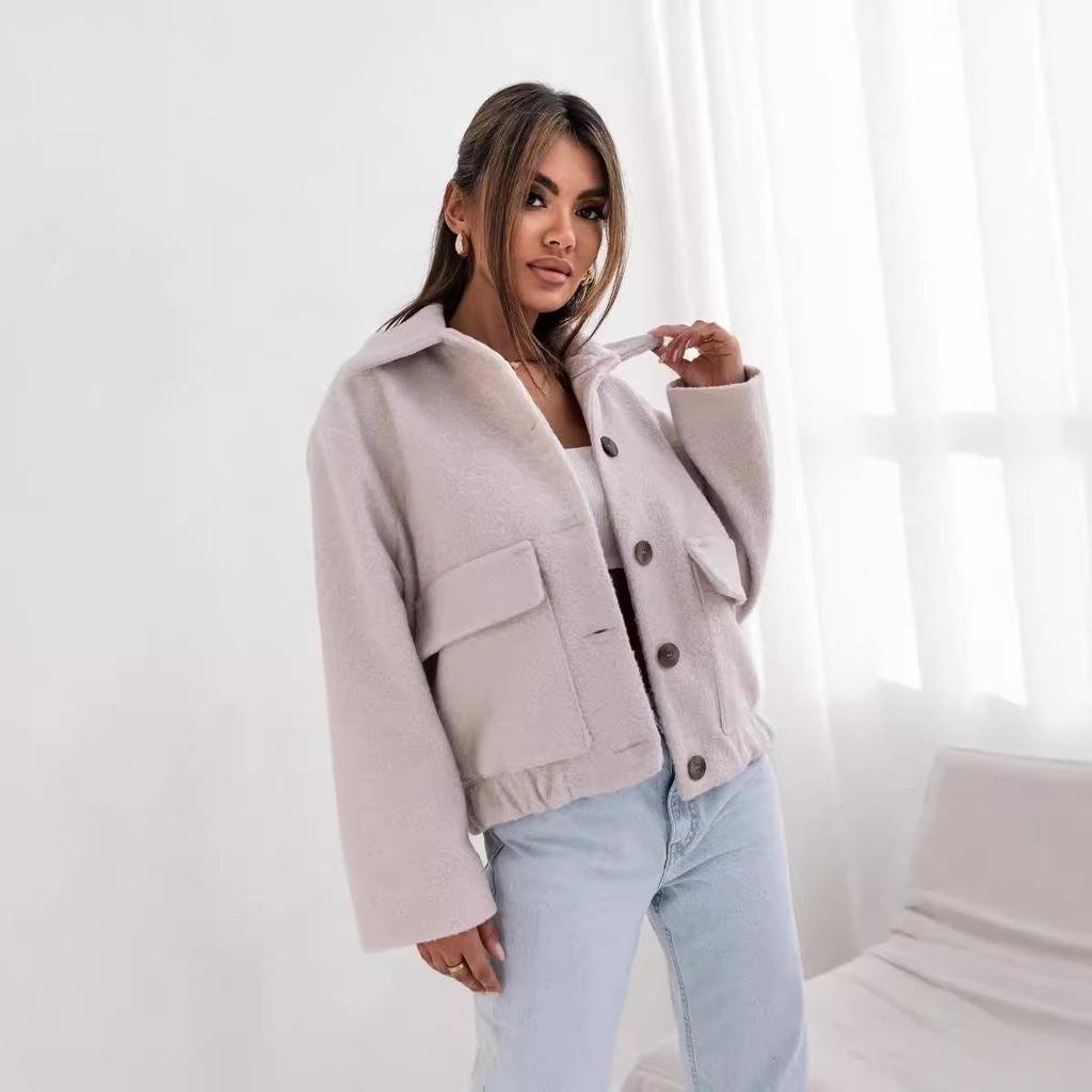 2025 Damenmode: Karomantel aus Wolle - Europäischer/Amerikanischer kleiner Anzug, Herbst/Winter, Einfarbig, Einreiher