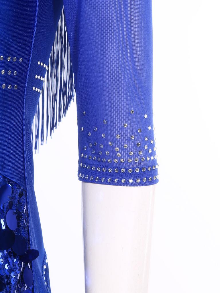 Ladies Glittery Sequin Dance Dress V Neck Half Sleeve Tiered Tassel Design Rhinestone Details Latin Cha Cha Tango Salsa Costume