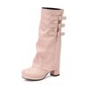 Women's high boots autumn and winter round head thick sole thick heel high heel belt buckle but knee boots side zipper high boots