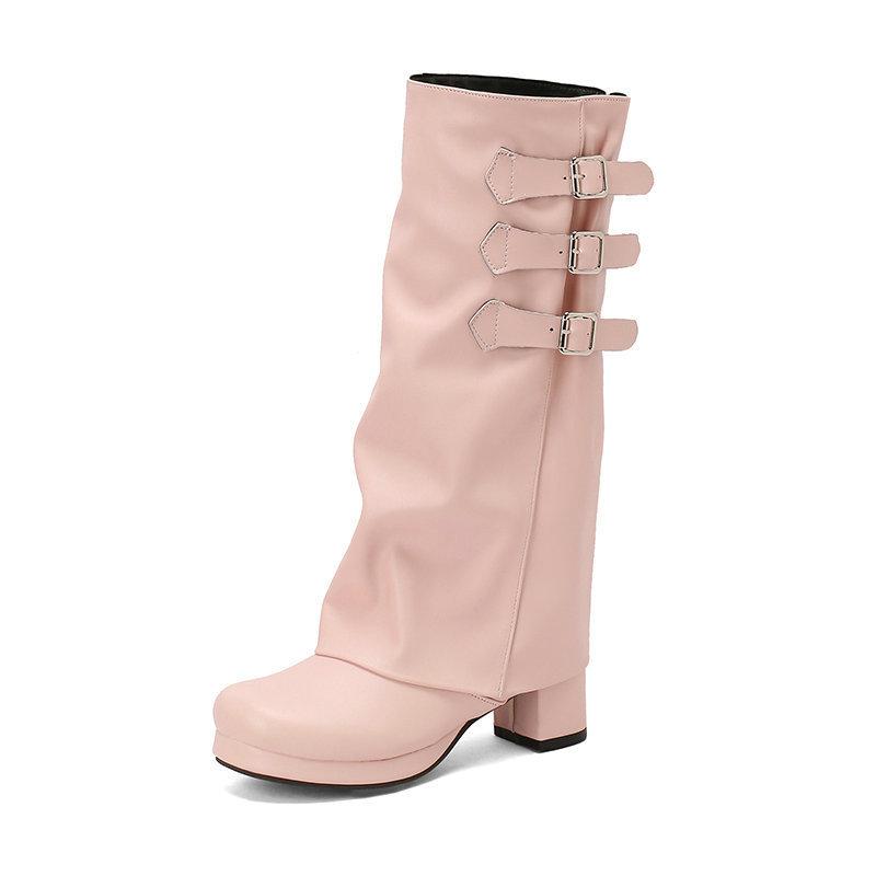 Women's high boots autumn and winter round head thick sole thick heel high heel belt buckle but knee boots side zipper high boots