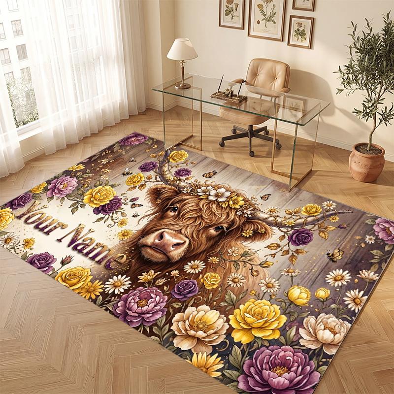 Highland Cow Theme Soft Crystal Velvet Rug Custom Name & Text Print Non Slip Floor Rug for Bedroom Living Room