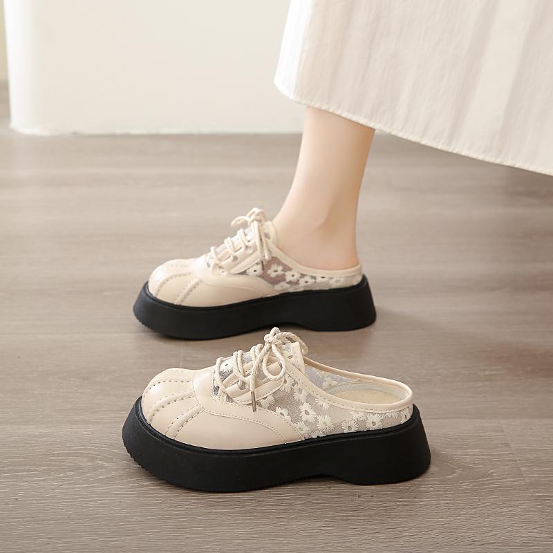 

Fashion CRLAYDK Women Mules Shoes Lace Jacquard Platform Slides Comfortable Dressy Closed Toe Summer Casual Slip On Walking Sandals 35