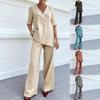Women's V Neck Half Sleeve Solid Linen Blend Top Wide Leg Long Pants 2 Piece Casual Outfit Set
