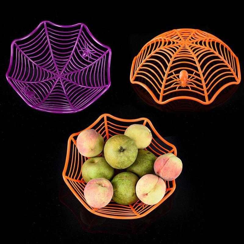 Halloween Decorative Fruit Plate, Halloween Spider Web Candy Basket, Black Orange Candy Bowl, Plastic Candy Box