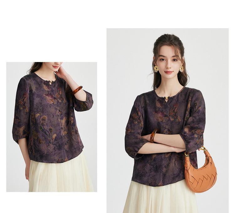 100% Mulberry Silk] Spring/Summer Round Neck Retro Printed Chinese Style Pan Buckle Loose Western Style Silk Shirt for Women