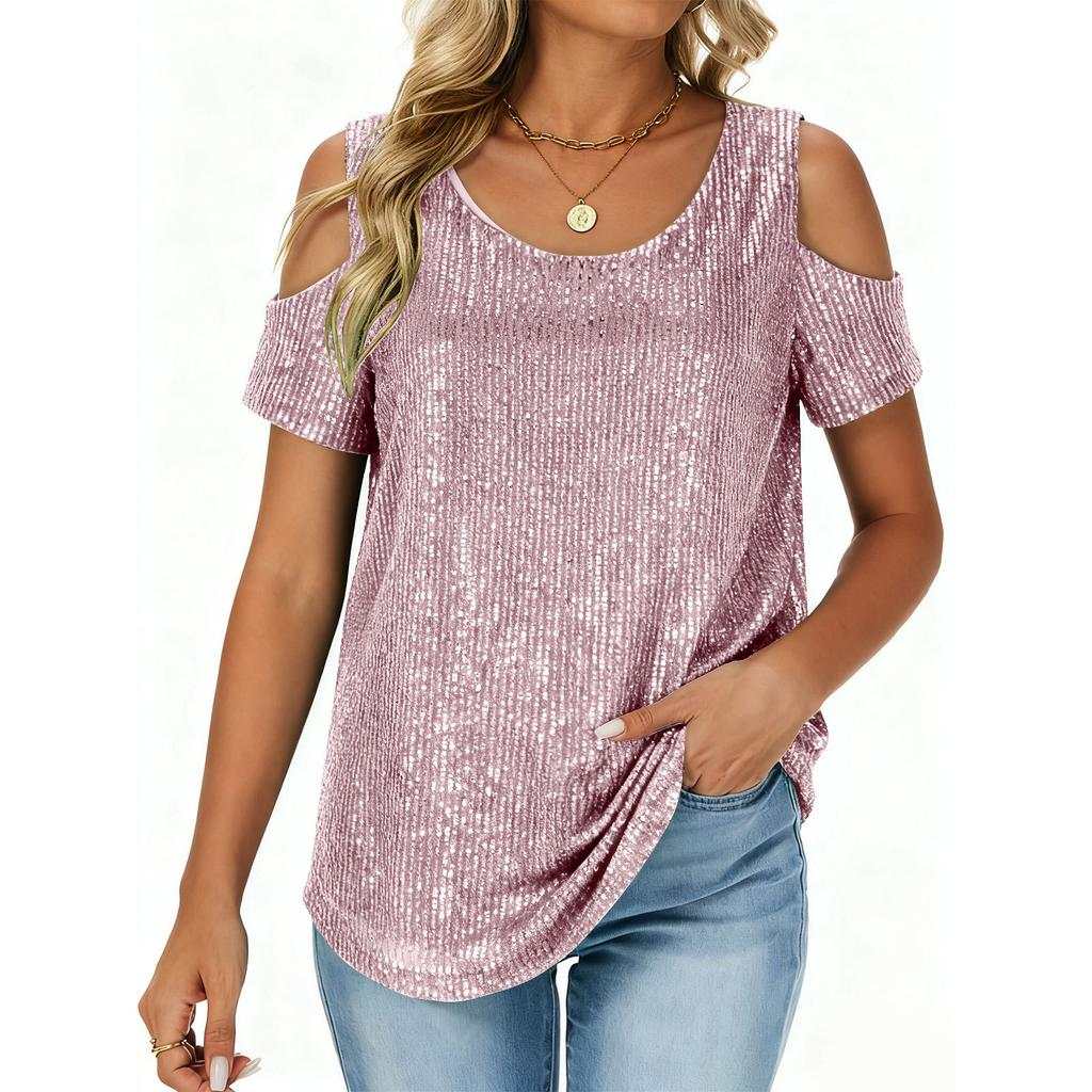 Ladies' Fashionable And Comfortable Loose Sequined Short Sleeved Top