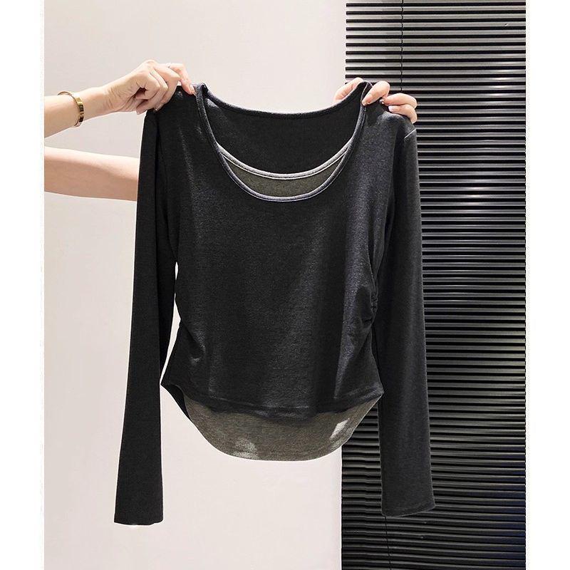 Samt-Schicht-Langarm-T-Shirt in Übergröße für Damen - Schlankmachendes Herbst-/Winter-Oberteil